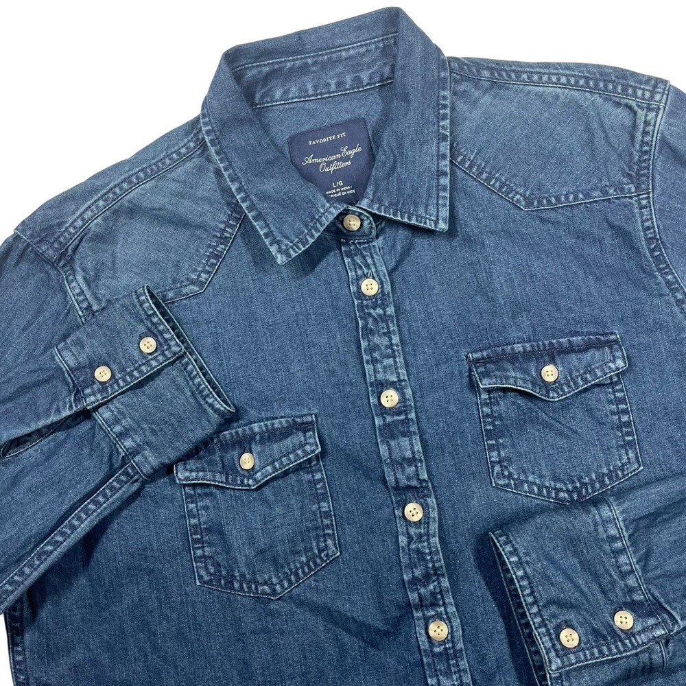 American Eagle Denim Button Down Women L Blue Western Favorite Fit Jean Shirt